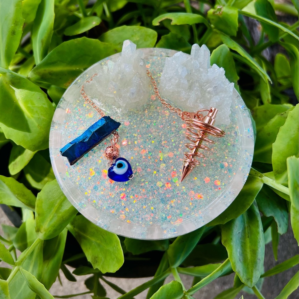 Rainbow Aura Quartz Rose Gold Spiral Pendulum